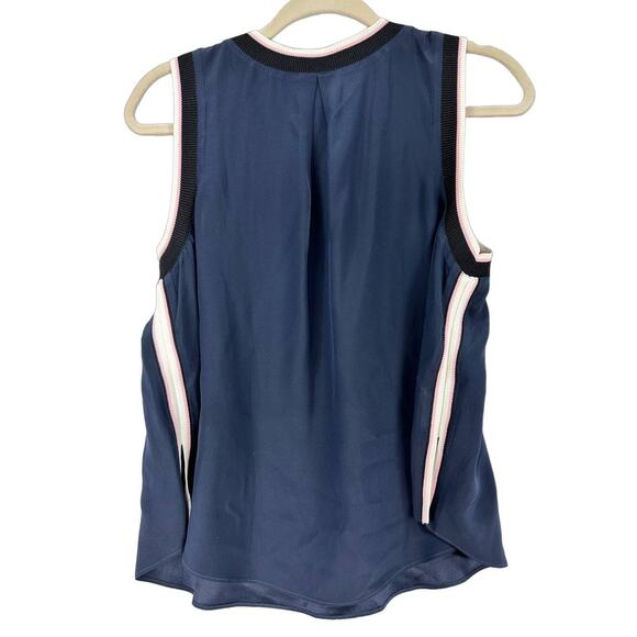 Cinq à Sept Nicola Silk Tank Blouse Striped Trim Navy Blue Sleeveless Small - Picture 6 of 10